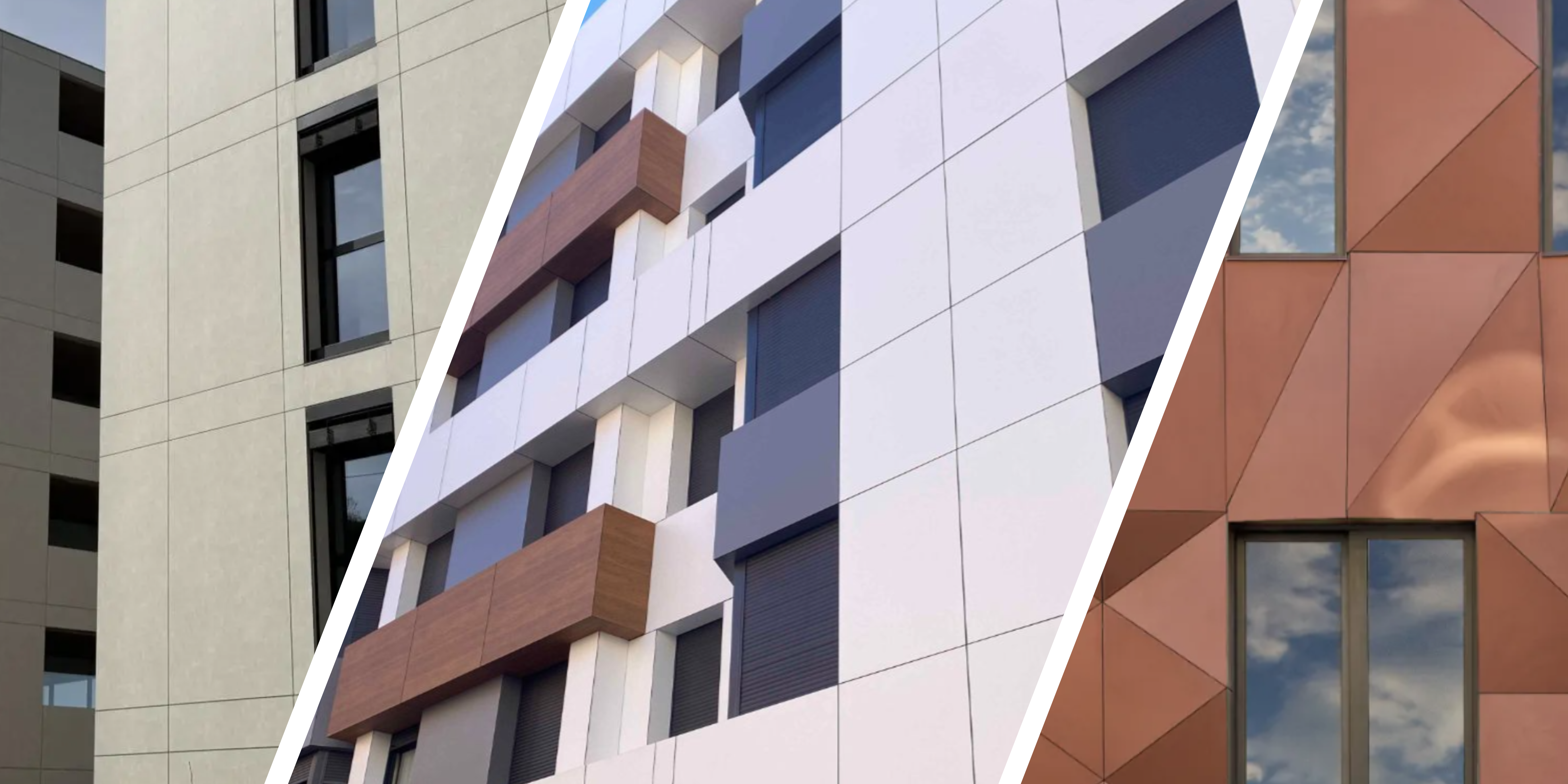 Façades de plusieurs bâtiments construits en panneaux de bois composite Trespa® Meteon®