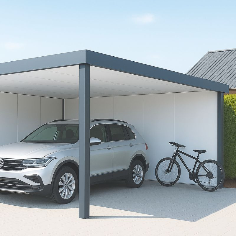 Voiture et vélo protégés sous un carport blanc