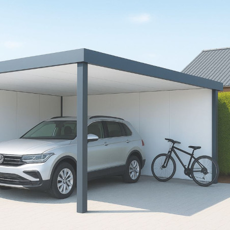 Voiture et vélo protégés sous un carport blanc