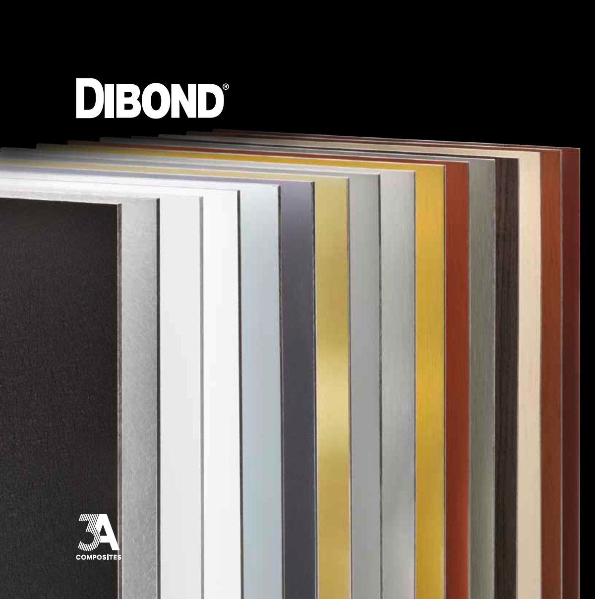 Plusieurs feuilles d'aluminium composite DIBOND® : noir, blanc, gris, or, marron, beige, etc