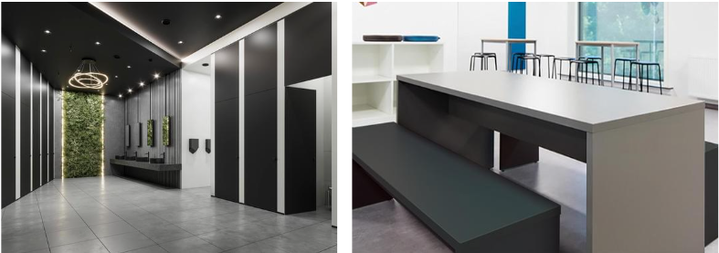 Le bois composite Formica® Compact est un stratifié haute pression HPL utilisé pour des vestiaires, comptoirs ou pièces humides