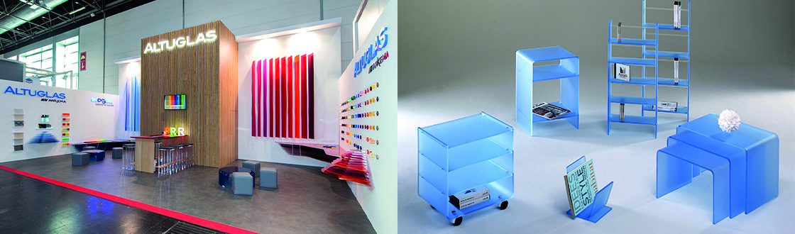 Plaques de PMMA de la marque ALTUGLAS™ utilisées pour l'agencement, la construction de stand ou encore la fabrication de mobilier