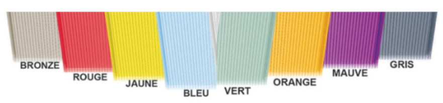 La large gamme de coloris des panneaux emboîtables en polycarbonate de la marque arcoPlus® 549 : Bronze, rouge, jaune, bleu, vert, orange, mauve et gris