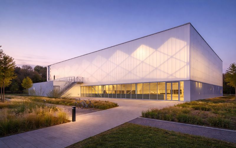 Bardage translucide d'un gymnase le soir